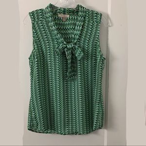 Roz & Ali vibrant green geometric pattern sleeveless blouse with neck bow tie